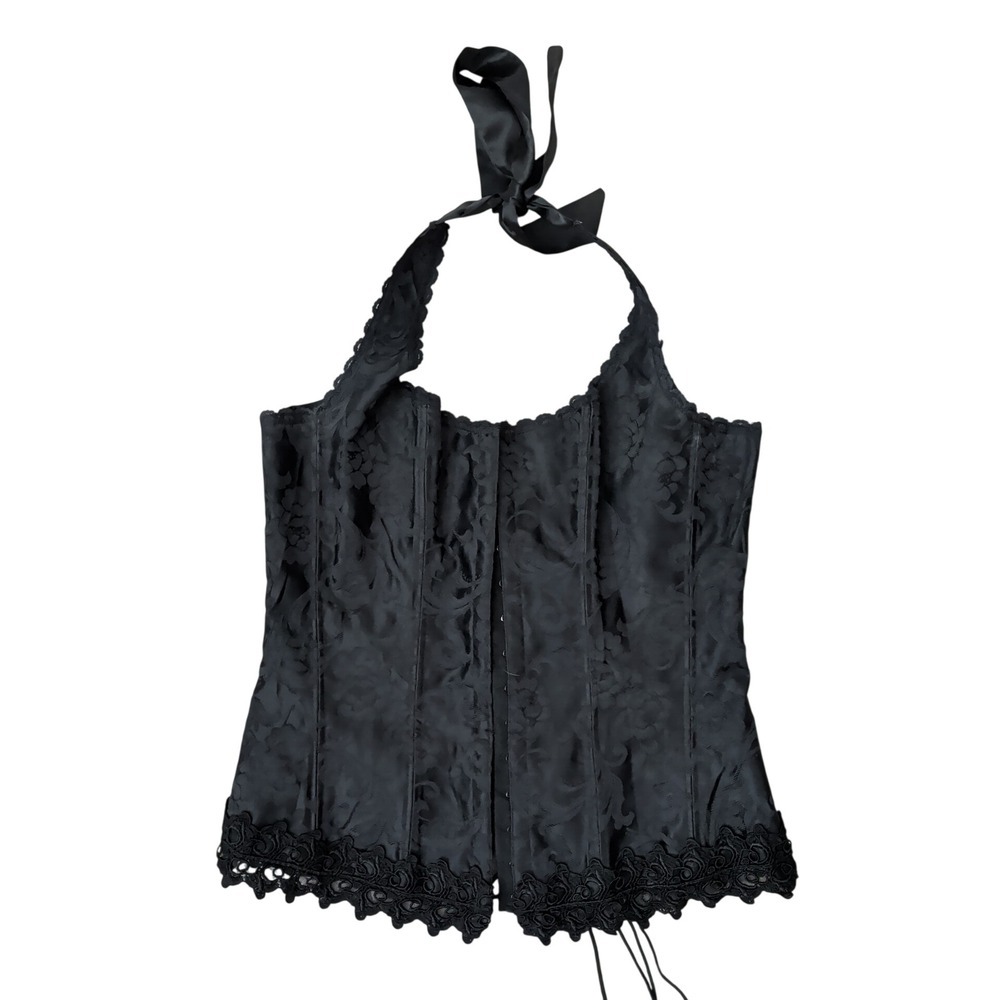 Fredericks of Hollywood Black Halter Corset Top Lace 36 Whimsygoth Witchy Vamp